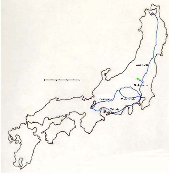 Map of central Japan showing the Nakasendo and the Tokaido highways.